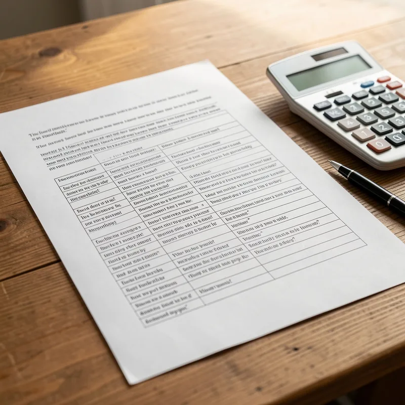 Devis de chauffage détaillé posé sur une table en bois, colonnes de quantités et de prix visibles, calculatrice et stylo à côté