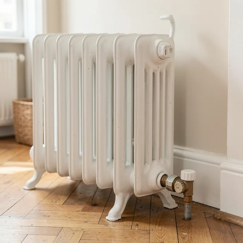 Radiateur en fonte et robinet thermostatique photographiés de près dans un salon lumineux, parquet ancien au sol