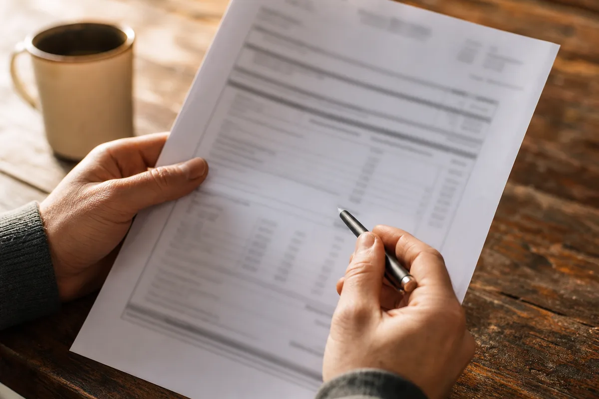 Mains tenant un devis de chauffage annoté sur une table en bois