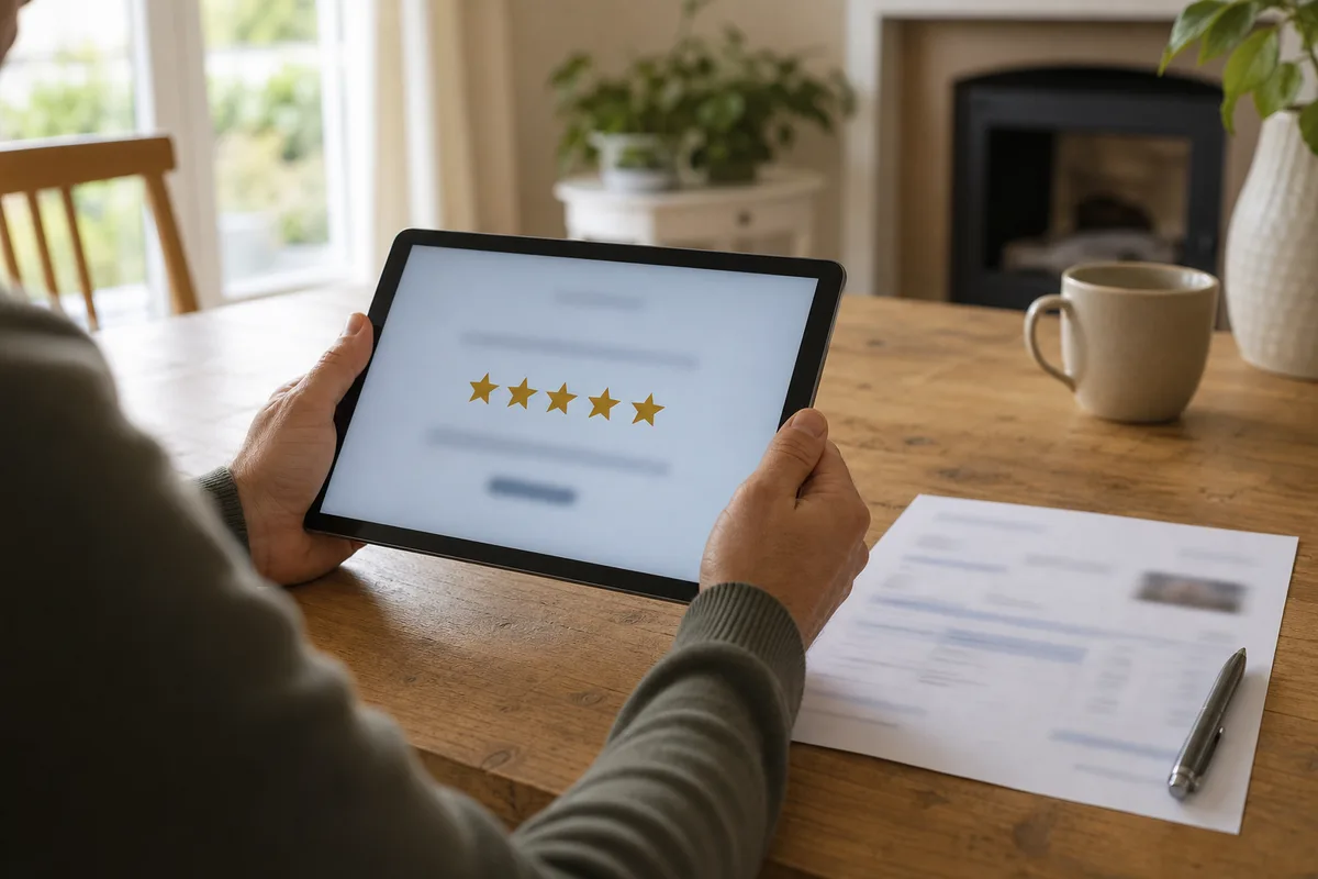 Personne consultant des avis clients sur une tablette, devis papier posé sur la table, lumière naturelle du matin