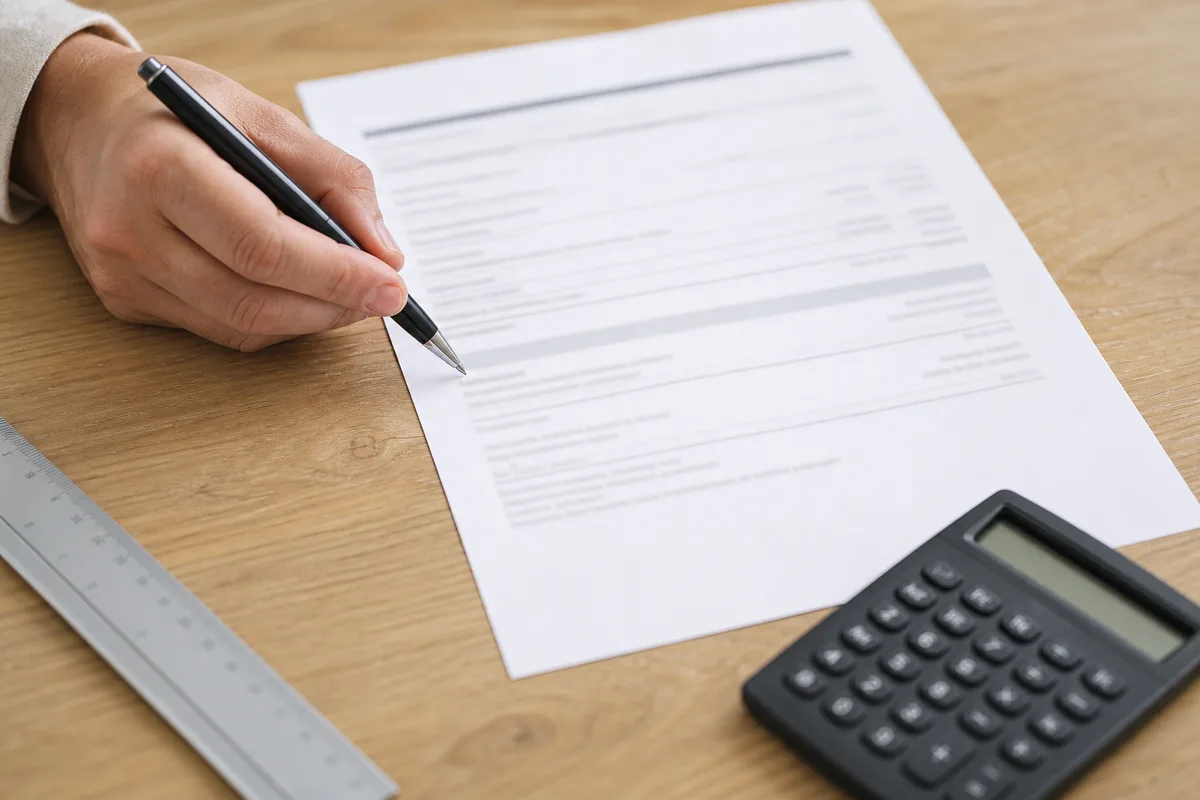 Devis de chauffage détaillé posé sur une table avec un stylo et une calculatrice, cadrage rapproché sans visage