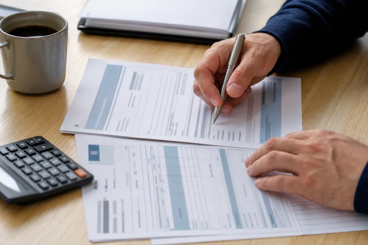 Mains vérifiant une attestation d&rsquo;assurance décennale et un devis posés sur une table en bois