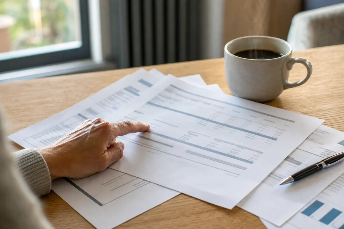 Devis de chauffage posé sur une table en bois, une main pointant une ligne du document près d&rsquo;une tasse de café