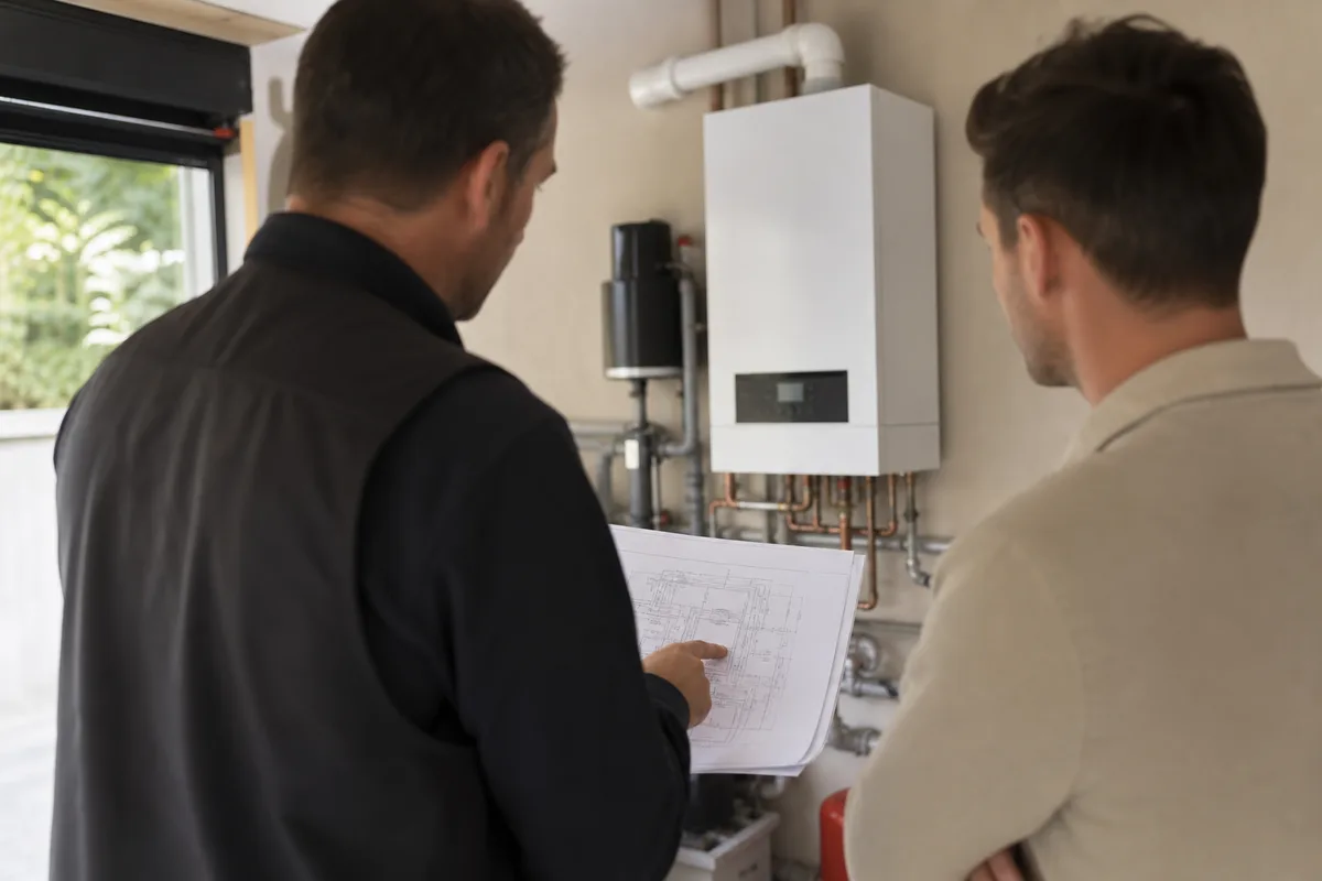 Artisan chauffagiste vu de dos expliquant un schéma d&rsquo;installation à un client dans une chaufferie claire