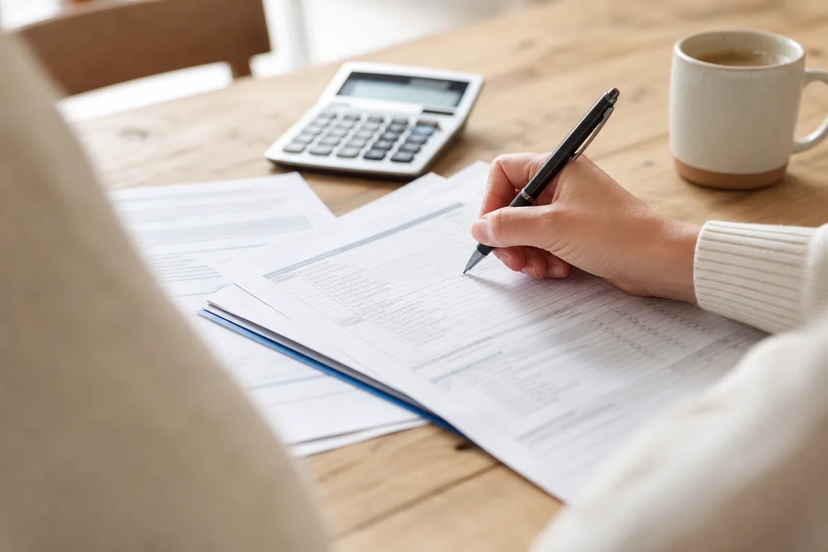 Documents et devis chauffage posés sur une table avec une calculatrice, mains en train d’annoter