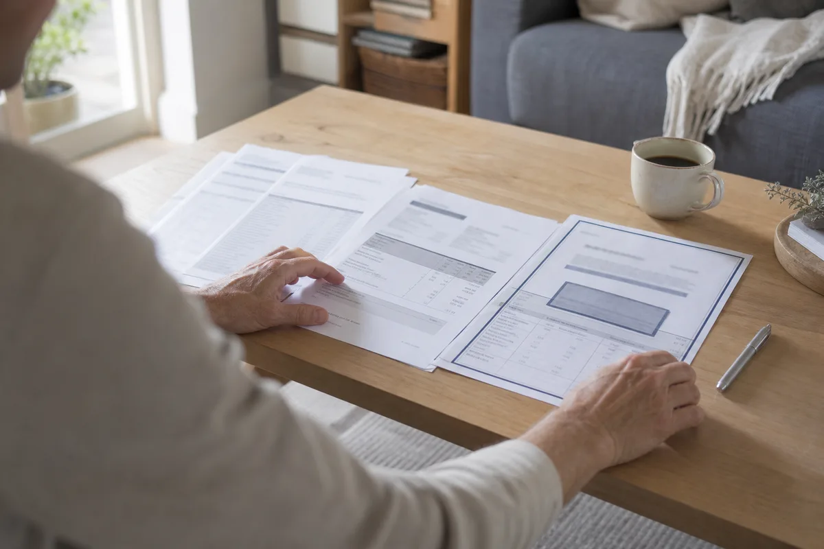 Table de salon avec un devis de chauffage et une attestation d&rsquo;assurance posés côte à côte