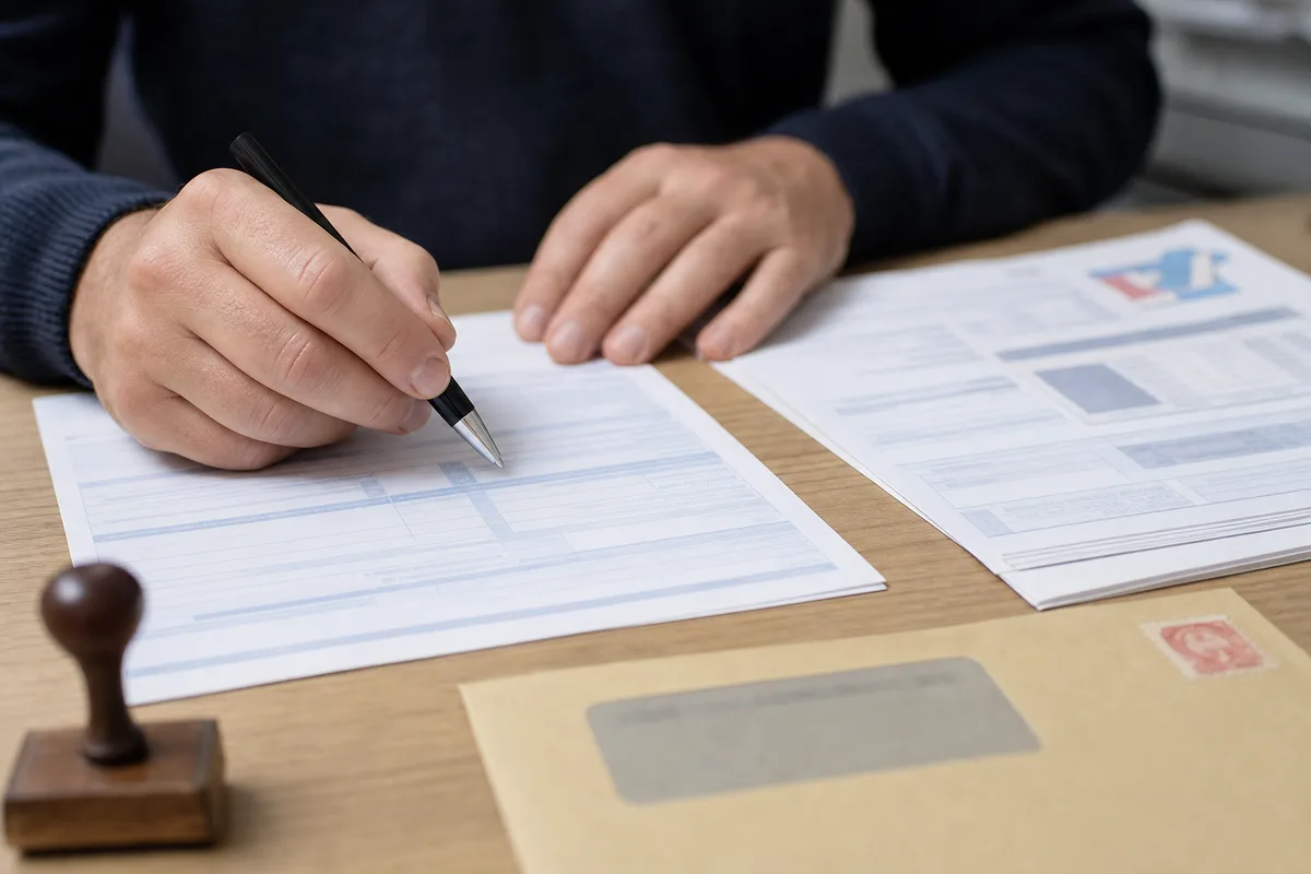 Mains posant un stylo sur un formulaire de réclamation à côté d&rsquo;un devis de chaudière