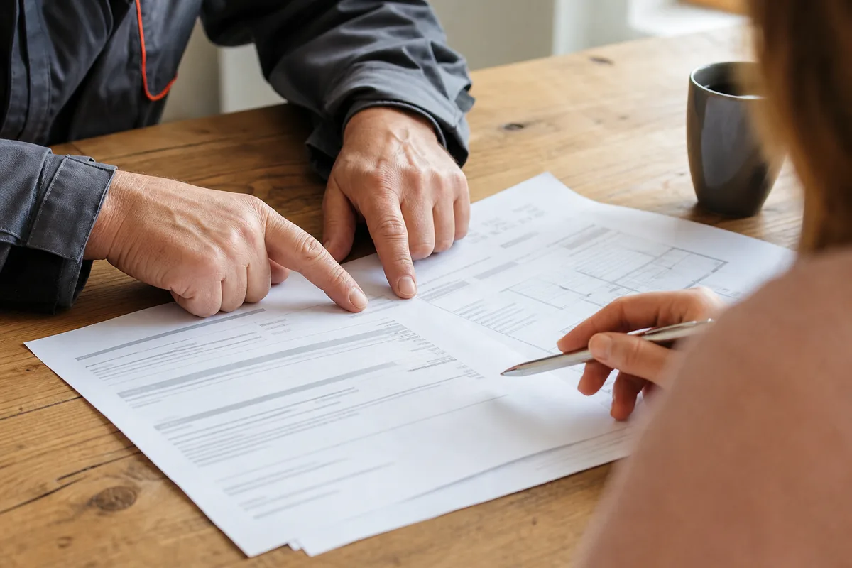 Devis et documents chauffage posés sur une table en bois, mains d’un artisan et d’un client échangeant des papiers, lumière naturelle claire