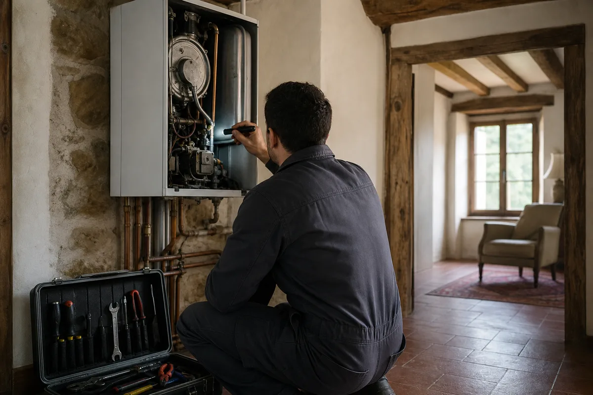 Artisan chauffagiste de dos vérifiant une chaudière murale dans une maison, silhouette et outils visibles, lumière du jour