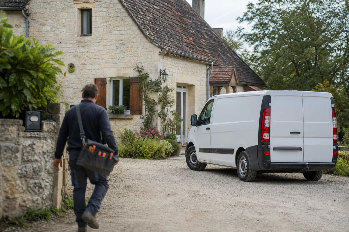 Chauffagiste en camionnette garée devant une maison du Périgord Vert, sacoche d&rsquo;outils à la main
