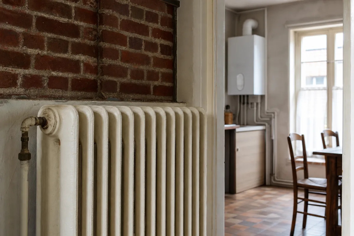 Ancienne maison de brique du Nord avec radiateur en fonte près d’une chaudière murale, pièce lumineuse