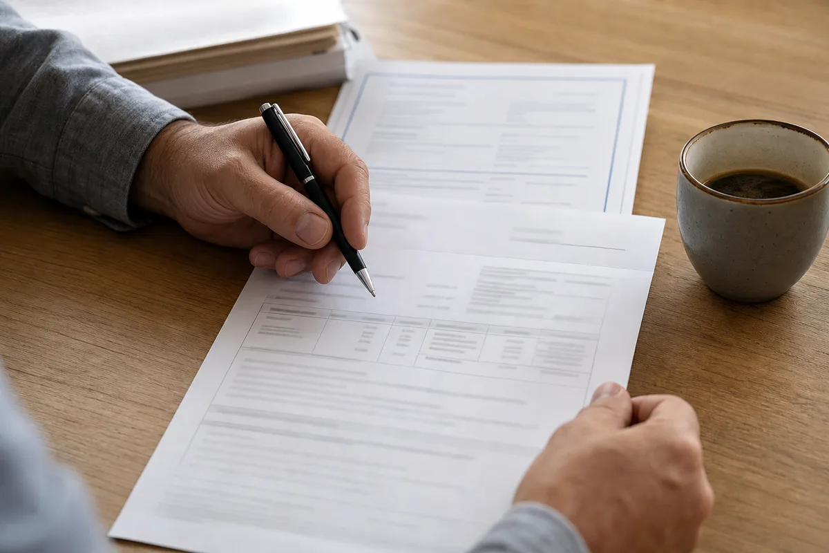 Documents administratifs et attestation d’assurance posés sur une table, mains tenant un stylo