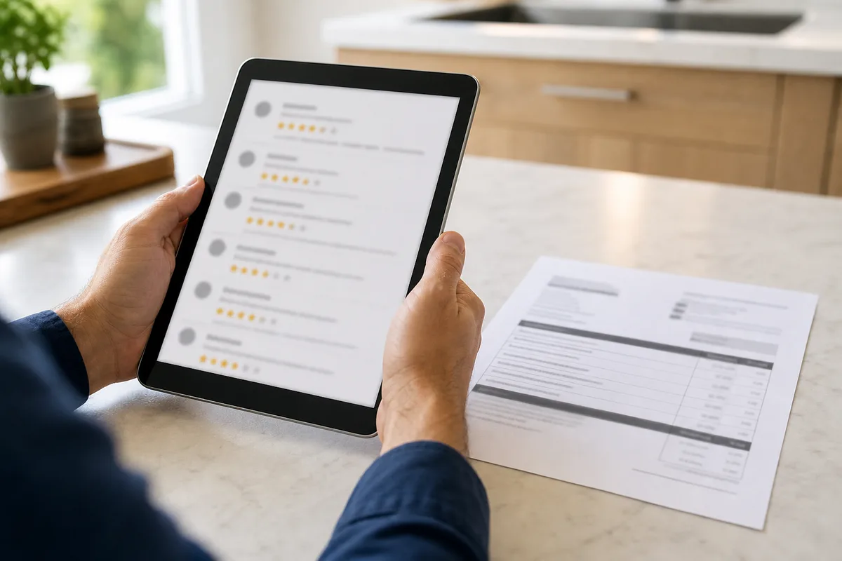 Mains comparant un devis chauffagiste imprimé et des avis clients sur une tablette, lumière naturelle de cuisine