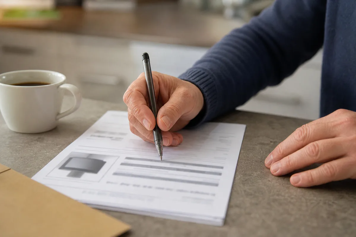 Mains annotant un devis de chauffage au stylo, tasse de café posée à proximité, lumière neutre