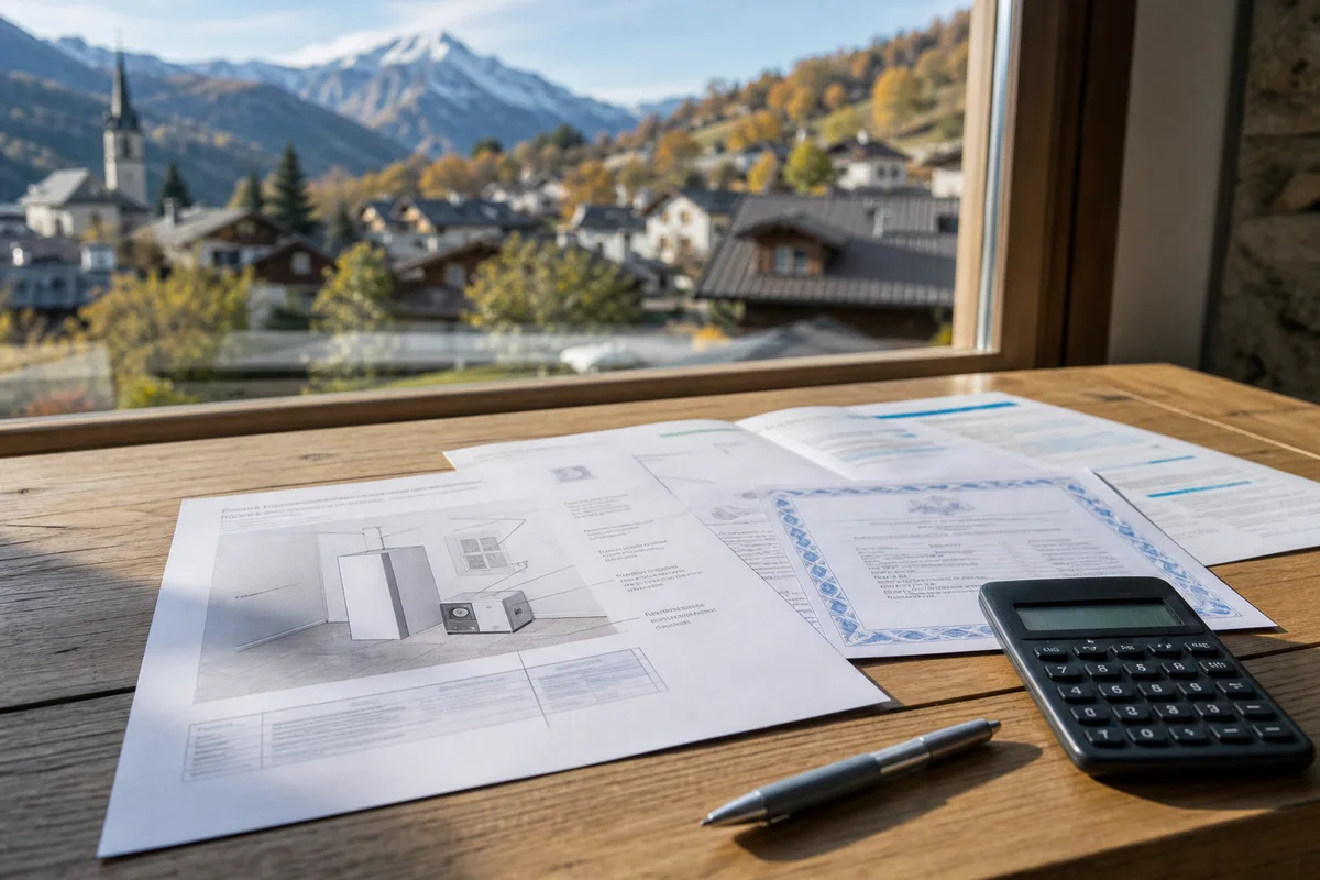Devis et documents d&rsquo;entretien de chauffage posés sur une table en bois avec vue sur un village perché