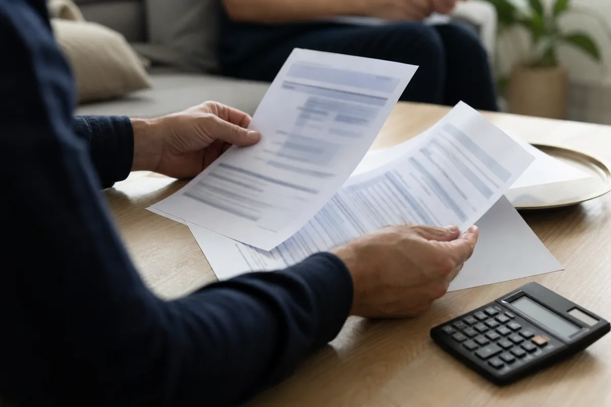 Devis et attestation d&rsquo;assurance décennale posés sur une table avec une calculatrice, mains d&rsquo;une personne consultant les documents