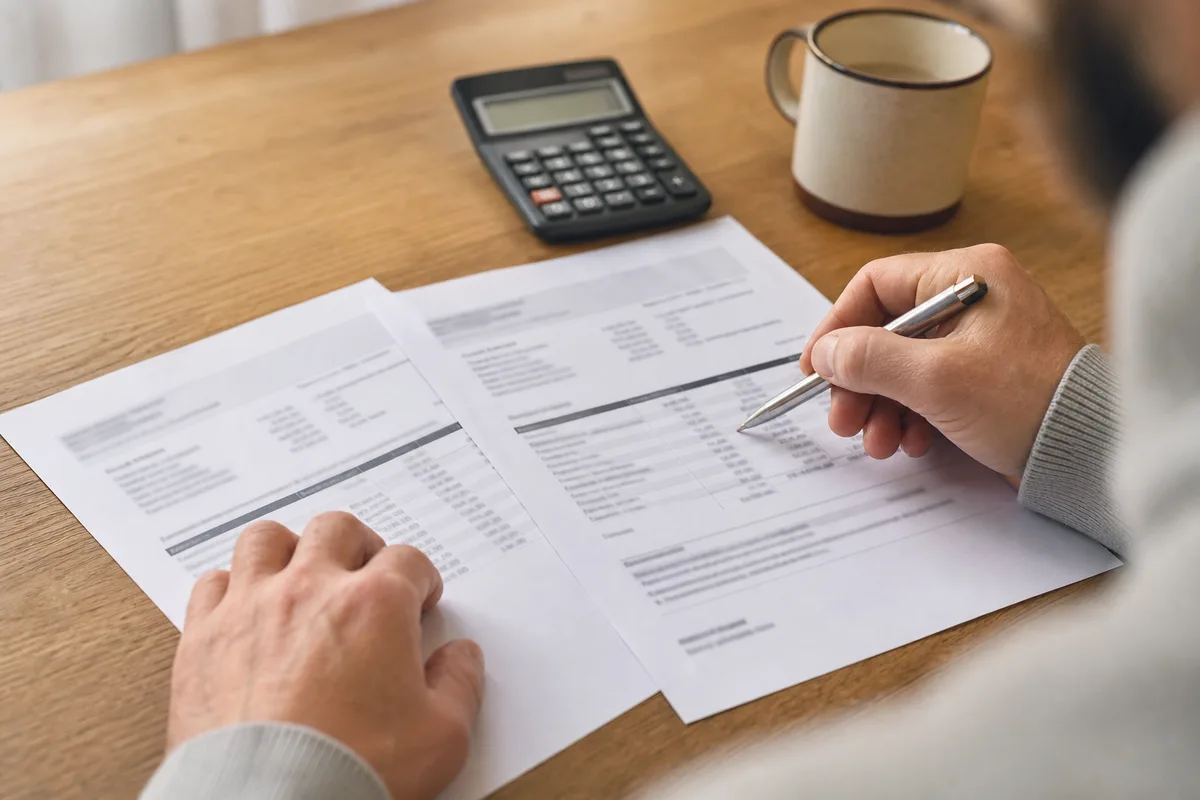 Deux mains pointant une ligne d&rsquo;un devis détaillé posé sur une table, stylo et calculatrice à proximité, lumière du jour