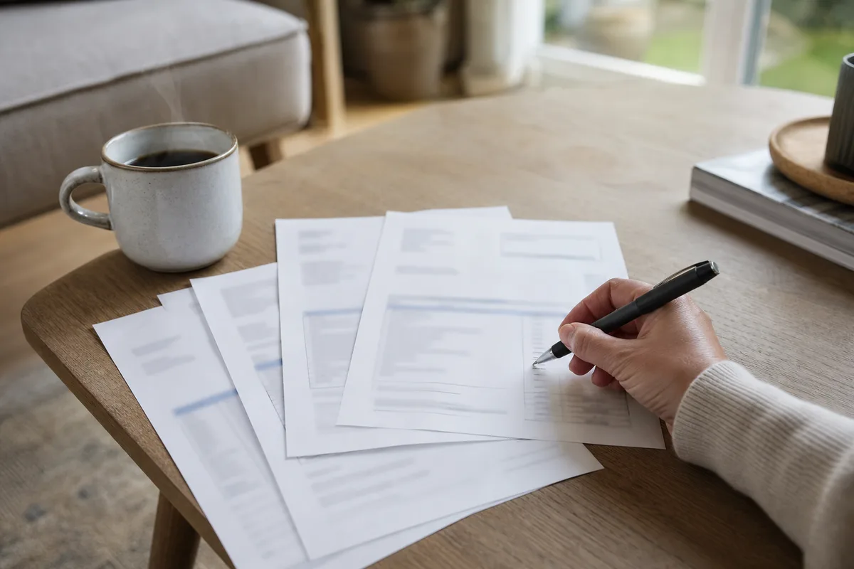 Table basse avec des documents de devis chauffage et une tasse de café, mains en train d&rsquo;annoter une page, lumière du jour douce
