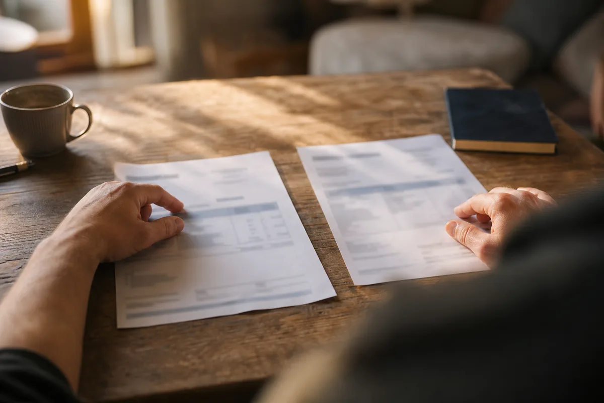 Mains comparant deux devis de chauffage sur une table en bois