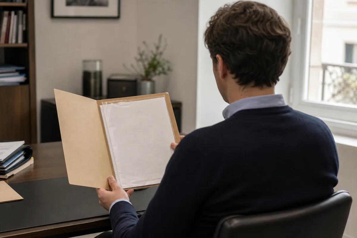 Personne de dos consultant un dossier avec attestation d’assurance